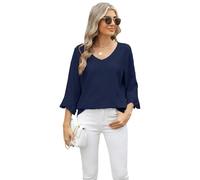 Women's Summer V Neck Eyelet Lace Top Boho Hollow out Diamond Pattern 3/4 Bell Sleeve Loose Casual Blouse Shirt for Vacation Beach Party