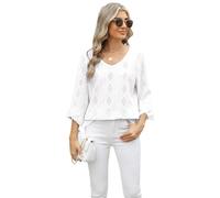 Women's Summer V Neck Eyelet Lace Top Boho Hollow out Diamond Pattern 3/4 Bell Sleeve Loose Casual Blouse Shirt for Vacation Beach Party