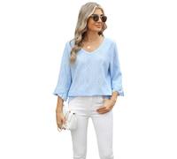 Women's Summer V Neck Eyelet Lace Top Boho Hollow out Diamond Pattern 3/4 Bell Sleeve Loose Casual Blouse Shirt for Vacation Beach Party