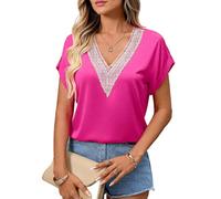 Women's Summer V Neck Lace Insert Satin Blouse Short Sleeve Loose Fit Casual Shirt Elegant Solid Color Top for Daily Work Party Beach Vacation