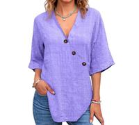 Women's Summer V-Neck Linen Blend Top Solid Color Asymmetrical Button Down Casual Loose Fit Blouse Beach Vacation Wear Teal Green Shirt Ladies