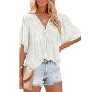 Women's Summer V Neck Ruffle Blouse Short Sleeve Button Down Flowy Chiffon Shirt Casual Loose Fit Floral Print Tops for Vacation Beach Party