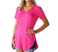 Women's Summer V Neck Short Sleeve Loose T Shirt Curved Hem Plus Size Solid Color Basic Top Casual Blouse for Daily Wear And Vacation