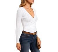 Women's Summer V Neck Wrap Top Long Sleeve Eyelet Lace Blouse Side Button Detail Slim Fit White Jacquard Knit Tee for Ladies Spring Fashion