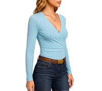 Women's Summer V Neck Wrap Top Long Sleeve Eyelet Lace Blouse Side Button Detail Slim Fit White Jacquard Knit Tee for Ladies Spring Fashion
