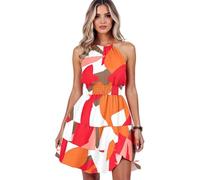 Women's Summer Vibrant Abstract Print Halter Neck Dress Sleeveless Smocked Waist Tiered Ruffle Mini Dress for Beach Party Vacation Casual Wear