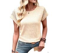Women's Summer Waffle Knit Top Short Sleeve Lace Cutout Casual T Shirt Breathable Mesh Tee Blouse for Daily Wear Vacation Beach Outing
