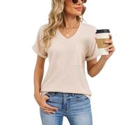 Womens Summer Waffle Knit V Neck T Shirt Short Sleeve Casual Pocket Top Loose Fit Basic Tee for Daily Wear Vacation Outfits Soft Breathable