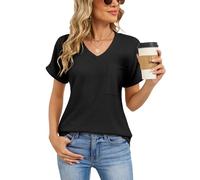 Womens Summer Waffle Knit V Neck T Shirt Short Sleeve Casual Pocket Top Loose Fit Basic Tee for Daily Wear Vacation Outfits Soft Breathable