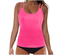 Womens Swimming Costumes Tankini Sets Tummy Control with Shorts Solid Colour Slim Fit Straps Two Piece Swimsuits Swimwear for Women (Dark Blue, L)(Hot Pink,L)