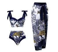 Womens Swimsuit 3 Piece Floral Print Ruffle Skirts Cover Up Plus Size Swimwear Backless Bathing Suits Beachwear Monokinis for Vacation D-93