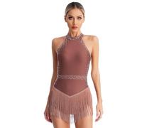 Womens Tassel Latin Leotard Shiny Rhinestones Halter Backless Fringe Bodysuit Ballroom Tango Salsa Dance Costume(Dusty Pink,XL)