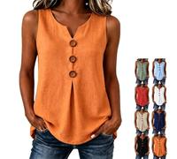 Women's Three Button Sleeveless Solid Color Tank Top Cotton Linen Button up (Orange,S)
