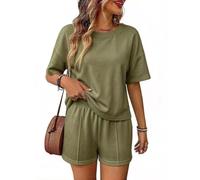 Womens Two Piece Lounge Set Loose Short Sleeve Top And Matching Shorts (Army Green,L)