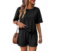 Womens Two Piece Lounge Set Loose Short Sleeve Top And Matching Shorts (Black,L)