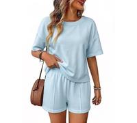 Womens Two Piece Lounge Set Loose Short Sleeve Top And Matching Shorts (Blue,M)
