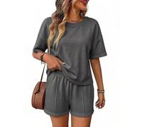 Womens Two Piece Lounge Set Loose Short Sleeve Top And Matching Shorts (Dark Gray,XL)