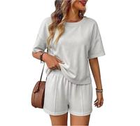 Womens Two Piece Lounge Set Loose Short Sleeve Top And Matching Shorts (Light Gray,XL)
