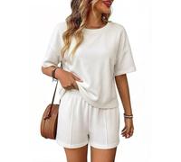 Womens Two Piece Lounge Set Loose Short Sleeve Top And Matching Shorts (White,L)