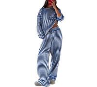 Womens Two Piece Set Striped Long Sleeve Top Wide Leg Pants (blue,S)