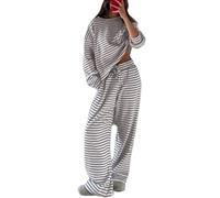 Womens Two Piece Set Striped Long Sleeve Top Wide Leg Pants (Gray,XL)