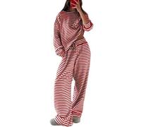 Womens Two Piece Set Striped Long Sleeve Top Wide Leg Pants (red,M)