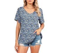 Women's V Neck Abstract Paint Stroke Print T Shirt Short Sleeve Loose Fit Casual Blouse Summer Pleated Yoke Detail Top for Vacation Beach Wear