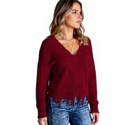 Women's V Neck Batwing Sleeve Sweater Casual Loose Fit Waffle Knit Pullover with Frayed Hem Tassel Detail Fall Winter Fashion Top for Ladies
