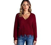 Women's V Neck Batwing Sleeve Sweater with Fringe Hem Casual Knit Pullover Top Boho Distressed Long Sleeve Jumper for Fall Winter Daily Wear