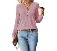 Women's V Neck Button Down Sweater Long Sleeve Ribbed Knit Top with Lace Shoulder Splicing Casual Fall Winter Pullover Blouse for Daily Work