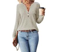 Women's V Neck Button Down Sweater Long Sleeve Ribbed Knit Top with Lace Shoulder Splicing Casual Fall Winter Pullover Blouse for Daily Work