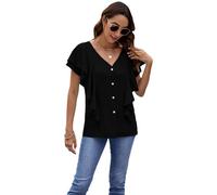 Women's V Neck Chiffon Blouse Ruffle Flutter Sleeve Button Down Shirt Casual Summer Loose Fit Flowy Top for Work Party Date Light Blue Elegant