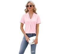 Women's V Neck Collared Short Sleeve Tops Casual Eyelet Jacquard Blouse Loose Fit Summer Tunic Shirt with High Low Hem for Daily Wear