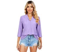 Women's V Neck Eyelet Lace Blouse 3/4 Sleeve Loose Fit Tunic Top Casual Summer Jacquard Shirt Solid White T-Shirt for Work Party Daily Wear