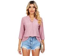 Women's V Neck Eyelet Lace Blouse 3/4 Sleeve Loose Fit Tunic Top Casual Summer Jacquard Shirt Solid White T-Shirt for Work Party Daily Wear