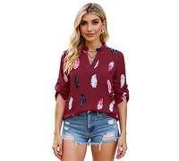 Women's V Neck Feather Print Blouse 3/4 Sleeve Loose Fit Casual Shirt Lightweight Chiffon Top for Spring Summer Office Wear Daily Life