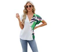 Women's V Neck Geometric Print Chiffon Blouse Short Sleeve Button Down Casual Summer Tops Loose Fit Vacation Shirt for Ladies Beach Wear
