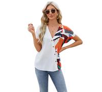 Women's V Neck Geometric Print Chiffon Blouse Short Sleeve Button Down Casual Summer Tops Loose Fit Vacation Shirt for Ladies Beach Wear