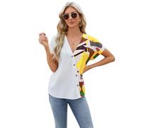 Women's V Neck Geometric Print Chiffon Blouse Short Sleeve Button Down Casual Summer Tops Loose Fit Vacation Shirt for Ladies Beach Wear