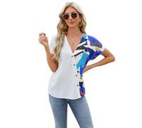 Women's V Neck Geometric Print Chiffon Blouse Short Sleeve Button Down Casual Summer Tops Loose Fit Vacation Shirt for Ladies Beach Wear