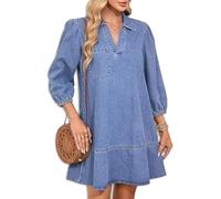 Women's V-Neck Puff 3/4 Sleeve Denim Layered Dress Womens Cute Fashion Fall A Line Layered Dress Summer Jean Dresses (Light Blue,M)