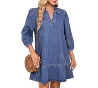 Women's V-Neck Puff 3/4 Sleeve Denim Layered Dress Womens Cute Fashion Fall A Line Layered Dress Summer Jean Dresses (Blue,M)