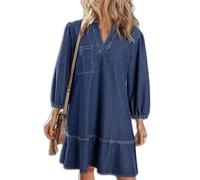 Women's V-Neck Puff 3/4 Sleeve Denim Layered Dress Womens Cute Fashion Fall A Line Layered Dress Summer Jean Dresses (Dark Blue,M)