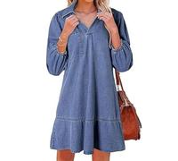 Women's V-Neck Puff 3/4 Sleeves Denim Layered Dress - Cute Fashion A Line Jean Dress for Summer & Fall (Blue,XXL)