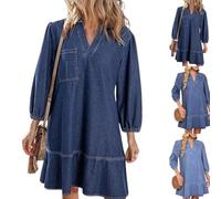 Women's V-Neck Puff Sleeve Denim Layered Dress Summer Jean Dresses with 3/4 Sleeves Womens Cute Fashion Fall A Line (Blue1,M)