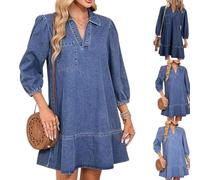 Women's V-Neck Puff Sleeve Denim Layered Dress Summer Jean Dresses with 3/4 Sleeves Womens Cute Fashion Fall A Line (Blue3,XL)