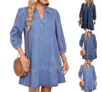 Women's V-Neck Puff Sleeve Denim Layered Dress Summer Jean Dresses with 3/4 Sleeves Womens Cute Fashion Fall A Line (Blue2,L)