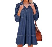 Women's V-Neck Puff Sleeve Denim Layered Dress Womens Cute Fashion Fall A Line Summer Jean Dresses with 3/4 Sleeves (1PCS/A,M)