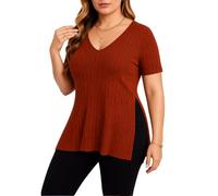 Women's V Neck Ribbed Knit Short Sleeve Tunic Top Casual Solid Color Side Split T-Shirt Summer Loose Fit Pullover Blouse for Ladies