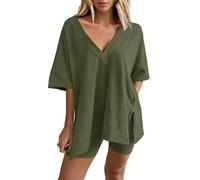 Women's V-Neck T-Shirts and Casual Shorts Two-Piece Set Summer Oversized 2-Piece Lounge Set Split Hem Biker Shorts Tracksuit (Army Green,L)
